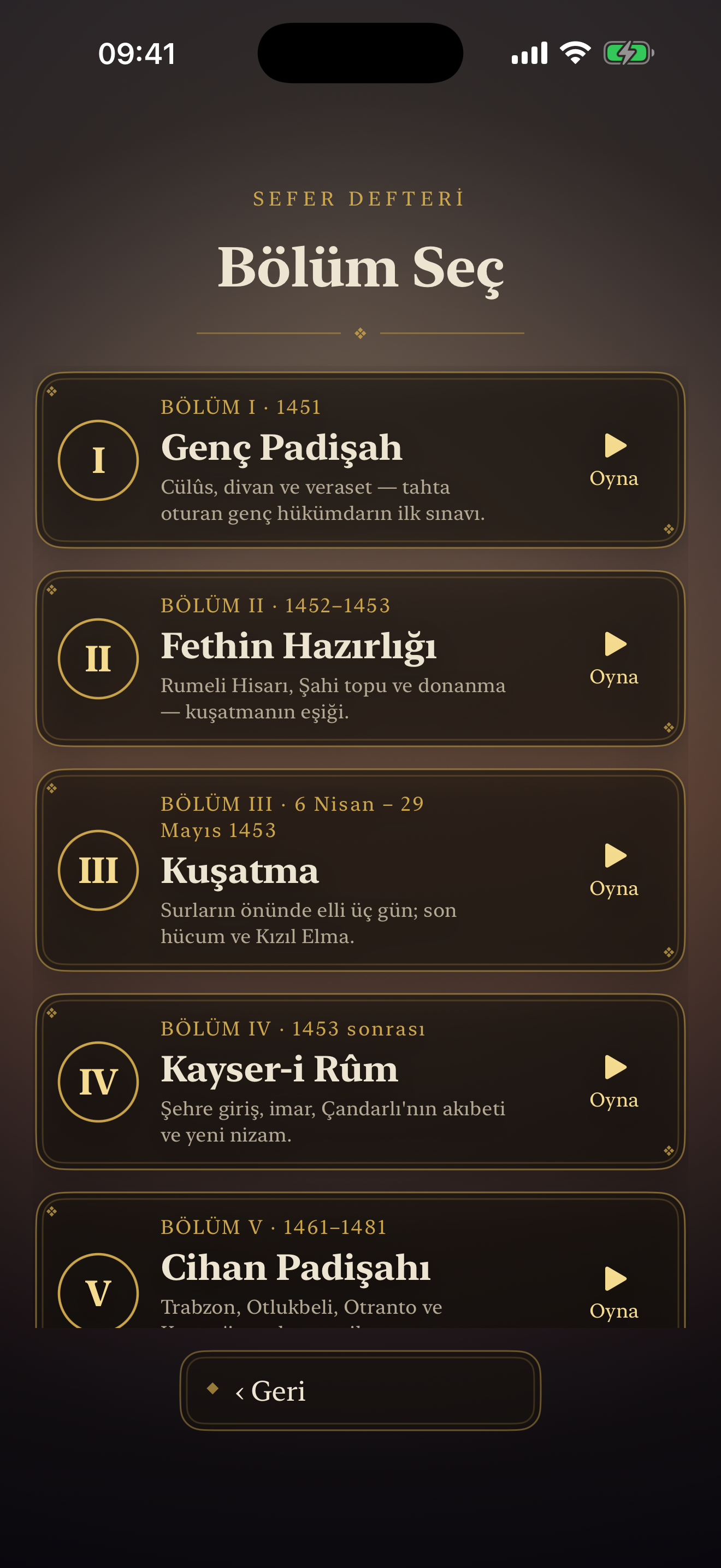 Bölüm seçimi ekranı